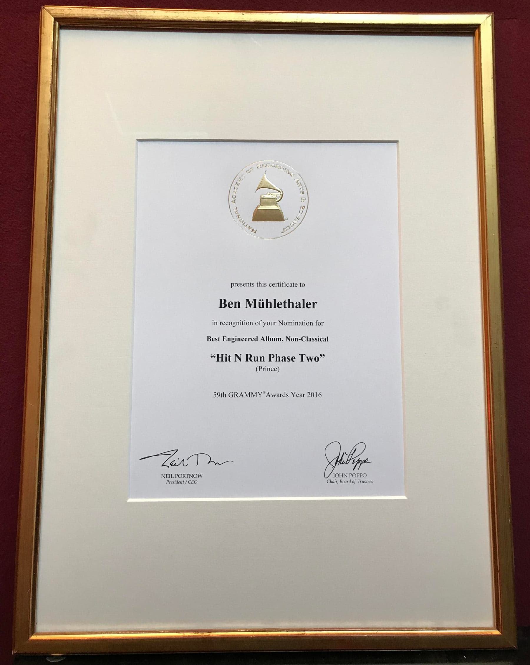 Framed Grammy nomination certificate presented to Ben Mühlethaler for Best Engineered Album, Non-Classical, at the 59th Grammy Awards