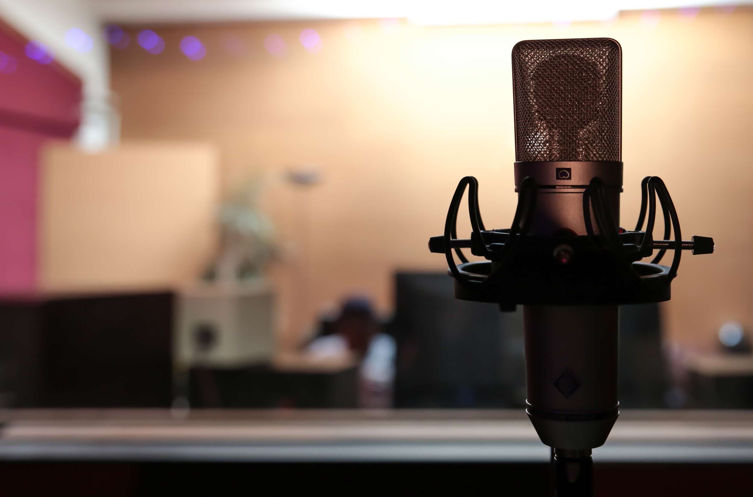 Neumann condenser microphone in a shockmount, with the warmly lit Red Room behind it